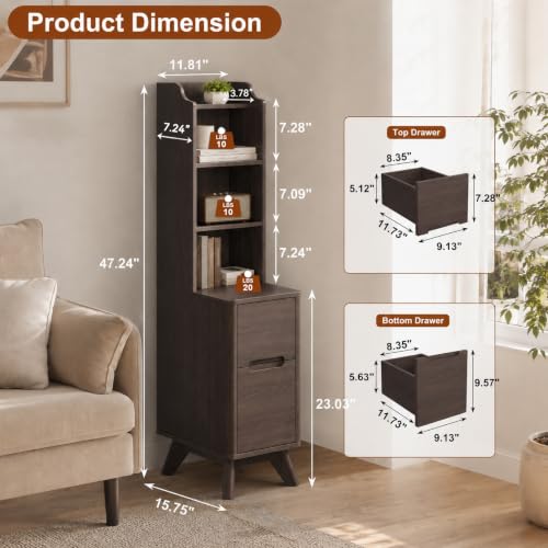 Tall Narrow Nightstand with Bookshelf, 47" Side Table with Charging Station | Tall Free Standing Wooden Night stand with 2 Drawers and 4 Open-Shelves, Modern End Bedside Table for Bedroom, Brown - color: Brown, size: Tall (2 drawer)