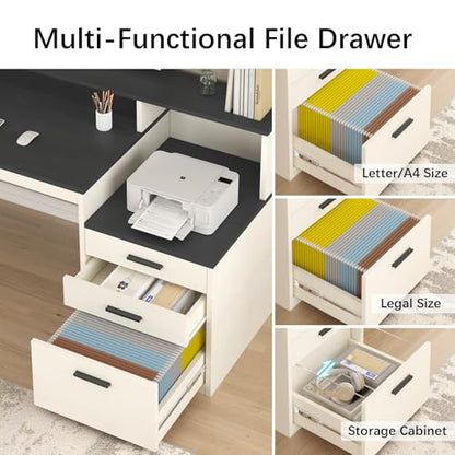 YOMILUVE 65 Inch Computer Desk with 3 Drawers & Storage Shelves, Executive Desk with File Drawer & Cabinet, Home Office Desk with Long Monitor Stand & Printer Shelf, Black & White - color: Black & White