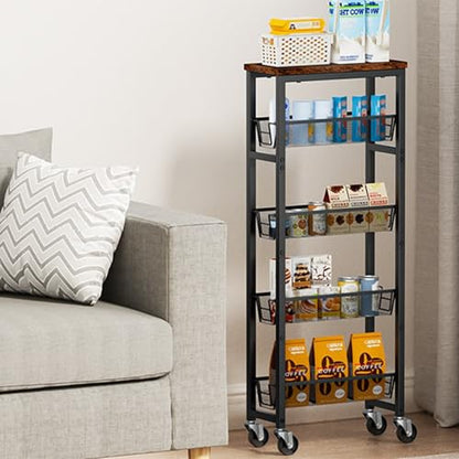 Slim Rolling Cart, 4-Tier Storage Cart, 9.1inch Narrow Kitchen Rolling Cart on Wheels for Small Space, Utility Cart Shelving Unit with Wooden Top and Metal Handle for Kitchen, Bathroom, Laundry Room - size: 4 Tiers (9.1"D x 30.3"H)