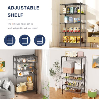 5-Tier Heavy Duty Wire Shelving Unit,35.4" Wx18 Dx71 H,Wire Shelf Racks with Wheels,Height Adjustable Storage Metal Shelves for Kitchen,Garage,Office,Living Room,Pantry,Black - size: 5-Tier,35"x18"x71"(WxDxH)