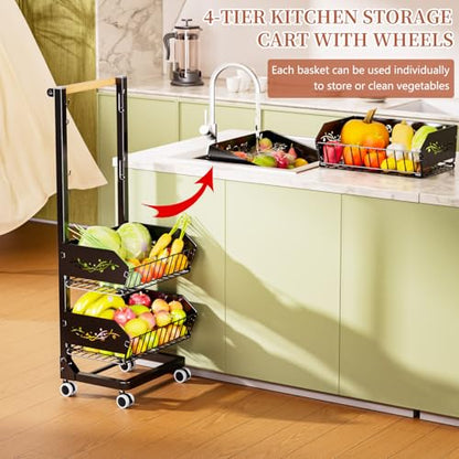 4-Tier Kitchen Snack Cart with Wheels，Height-Adjustable，Upgraded Wider and Thicker, Multi-Purpose Rolling Storage Cart for for Kitchen, Dining Room, Bathroom, Laundry Room, Office - color: Black-adjustable