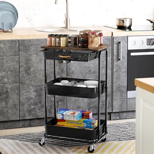 Simple Houseware 3-Tier Rolling Utility Cart with Drawer & Wood Tabletop - Mobile Sofa Side Table, Nightstand, Slim Storage Organizer Trolley for Bedroom, Bathroom, Office & Art Supplies, Rustic Brown - color: Rustic Brown