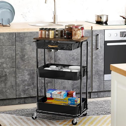 Simple Houseware 3-Tier Rolling Utility Cart with Drawer & Wood Tabletop - Mobile Sofa Side Table, Nightstand, Slim Storage Organizer Trolley for Bedroom, Bathroom, Office & Art Supplies, Rustic Brown - color: Rustic Brown