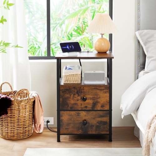 AMHANCIBLE Nightstands Set of 2, Large Night Stand with Charging Station | Bedside Table, 2 Fabric Drawers, End Side Tables Living Room, with Open Shelf, USB Ports Outlets, for Bedroom, Rustic Brown - color: Rustic Brown