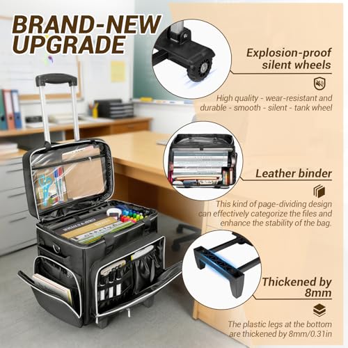LIWSHWZ Rolling Teacher Tote Bag,Wheeled Teacher Bag with Detachable Dolly & File Teacher Tote - color: Black