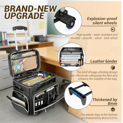 LIWSHWZ Rolling Teacher Tote Bag,Wheeled Teacher Bag with Detachable Dolly & File Teacher Tote - color: Black
