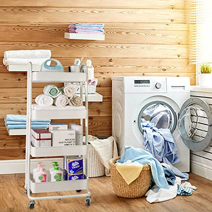 elabo 4-Tier Metal Mesh Utility Rolling Cart, Storage Organizer Trolley Services Cart with Lockable Wheels for Kitchen, Bathroom, Living Room (White) - color: White