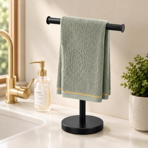 Hand Towel Holder Stand, 2 Pack Freestanding Bathroom Towel Rack, Black | Weighted Stainless Steel Base Helps Prevent Tipping While The Open T-Shape Keeps Towels Dry on Bathroom Countertops - color: X-black-2 Pack