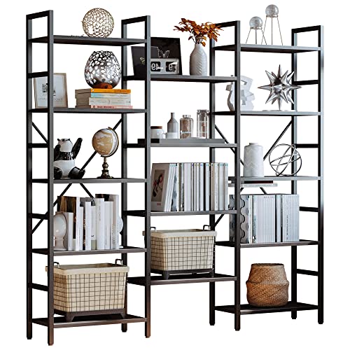 IRONCK Bookcases and Bookshelves Triple Wide 5 Tiers Industrial Bookshelf, Large Etagere Bookshelf Open Display Shelves with Metal Frame for Living Room Bedroom Home Office - color: Vintage Black, size: 5 Tiers