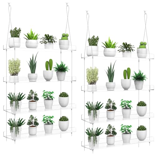 2-Pack Hanging Clear Plant Shelves for Windows, 16 Inch per Tier | Acrylic Window Wall Plant Stand Shelf for Kitchen Indoor Gardens, Flower, Herb, Seedling Organization, and Pots Display. - size: 2 Pack-4 Tier