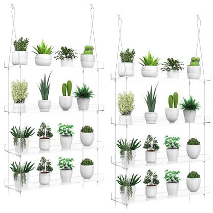 2-Pack Hanging Clear Plant Shelves for Windows, 16 Inch per Tier | Acrylic Window Wall Plant Stand Shelf for Kitchen Indoor Gardens, Flower, Herb, Seedling Organization, and Pots Display. - size: 2 Pack-4 Tier
