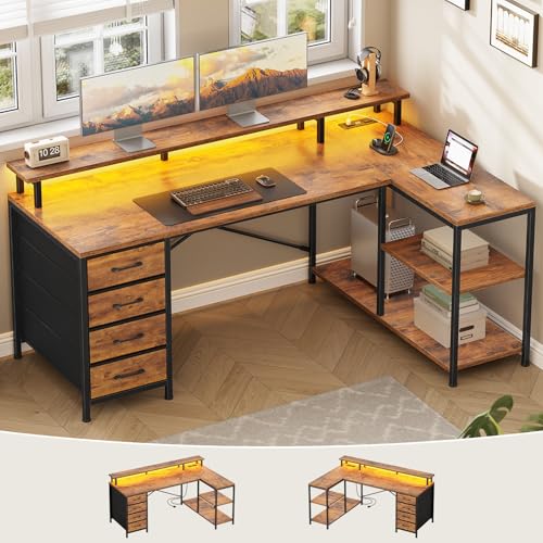 SEDETA L Shaped Desk with 4 Drawers, Shelves, Power Outlets, Rustic Brown | L Shaped Gaming Desk with LED Lights , Computer Desk with Shelves & Drawer, Corner Desk Home Office Desk - color: Rustic Brown