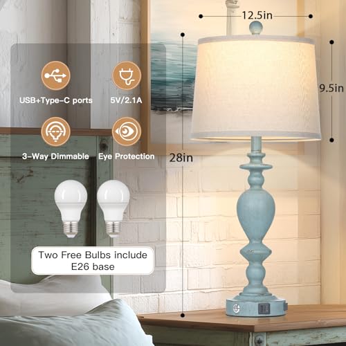Cinkeda 27.5" Coastal Table Lamp for Living Room Set of 2,Retro Blue Bedside Nightstand Lamps with USB C+A Ports & AC Outlet,3-Way Dimmable Touch Control Desk Lamp for Bedroom - color: Blue