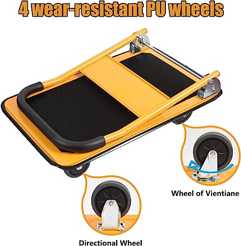 LEADALLWAY Foldable Push Cart Platform Truck 330lbs Capacity with 2 Ropes | 4 Wheels, 28.7"x18.5"x32.3", Small Flatbed Cart, Yellow, Protable - color: Yellow