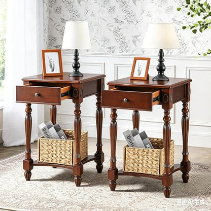 Narrow End Side Table with Drawer and Storage Shelf Set of 2, Sofa Beside Table,No-Tools Assembly Antique Wood Nightstand for Living Room,Small Space, 27.6”H x 19.7”L x 15.7”W Cherry Walnut GBJ1533WD - color: Cherry Walnut Set of 2