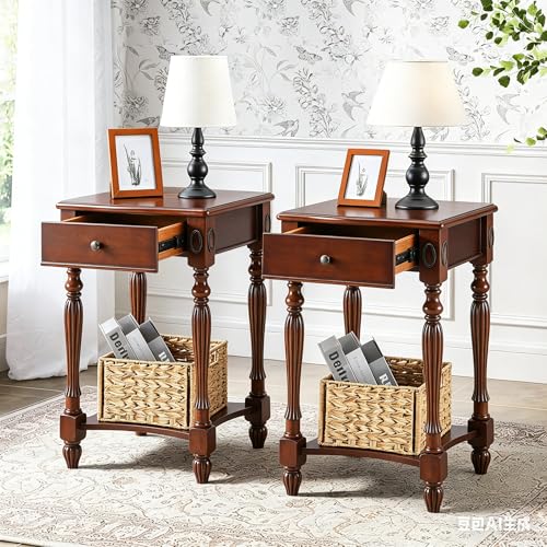 Narrow End Side Table with Drawer and Storage Shelf Set of 2, Sofa Beside Table,No-Tools Assembly Antique Wood Nightstand for Living Room,Small Space, 27.6”H x 19.7”L x 15.7”W Cherry Walnut GBJ1533WD - color: Cherry Walnut Set of 2
