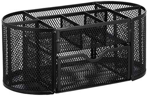 Amazon Basics Mesh Desk Organizer with Pen Holder, Pullout Drawer and Office Caddy Storage, 9.25" x 4.53" x 3.94", Black - style: Desk Organizer