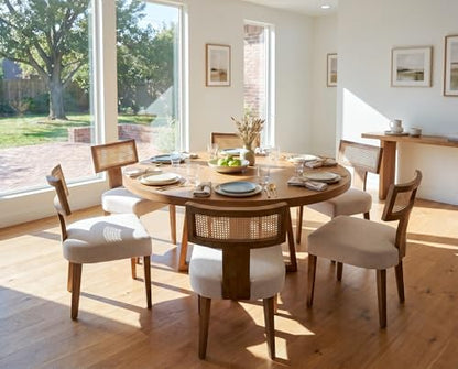 RIVOVA Rattan Dining Chairs Set of 4, Mid Century Modern Dining Chair Upholstered Linen Fabric Kitchen Side Chair, Modern Kitchen Armless Solid Wood Dining Chairs, Beige - color: Beige Rattan