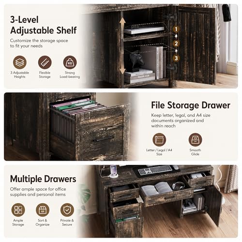 61" Farmhouse Executive Desk with Hutch & Charging Station, Wooden Computer Desk with 2 Sliding Barn Doors, 5 Drawers & Storage Cabinet with Adjustable Shelf for Home Office, Bedroom (Rustic Gray-01) - color: Rustic Gray-01