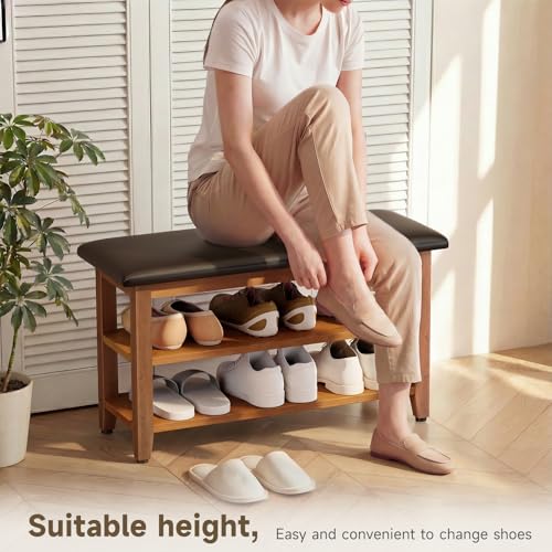 Shoe Bench with Leather Cushion,Rubberwood Bench with Shoe Rack | 2-Tier Shoe Storage Organizer for Entryway,Hallway,Living Room - size: 2-Tier-31.5"