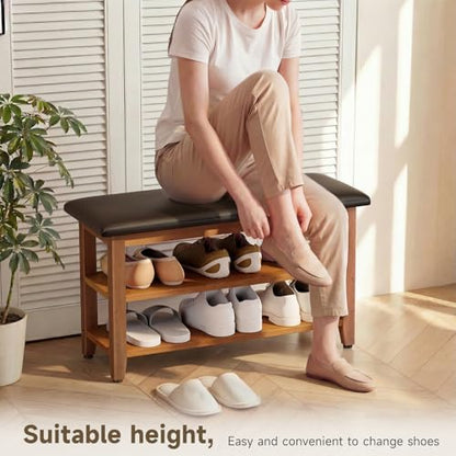 Shoe Bench with Leather Cushion,Rubberwood Bench with Shoe Rack | 2-Tier Shoe Storage Organizer for Entryway,Hallway,Living Room - size: 2-Tier-31.5"