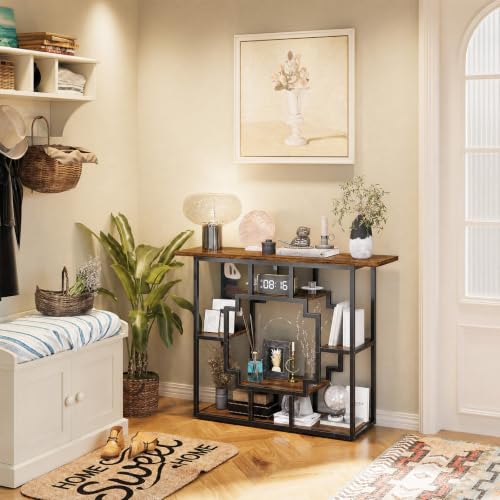 HavenlyYouth 41.3 Inch Entryway Table, Narrow Console Table Behind Couch, Accent Sofa Table with Storage Shelves for Hallway, Entrance, Foyer, Living Room, Rustic Brown
