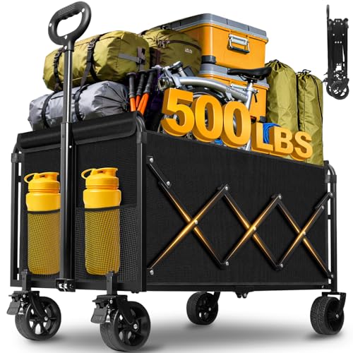 Collapsible Wagons Carts Foldable Wagon, 500LBS Collapsible Wagon Cart Foldable with Wheels & Brakes, Large Heavy Duty Folding Wagon Cart Utility for Camping, Picnic, Beach, Grocery, Sport, Shopping - color: Deep Black