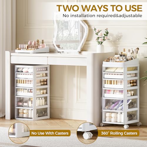 Rolling Cart with 6 Drawers, Clear Plastic Drawer Organizers, Dust Proof Under Desk Storage for Makeup, Skincare, Art Crafts and Baby Items, Acrylic Cosmetic Organizer with Dividers, Vanity Cart - size: 6 Tier