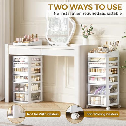 Rolling Cart with 6 Drawers, Clear Plastic Drawer Organizers, Dust Proof Under Desk Storage for Makeup, Skincare, Art Crafts and Baby Items, Acrylic Cosmetic Organizer with Dividers, Vanity Cart - size: 6 Tier