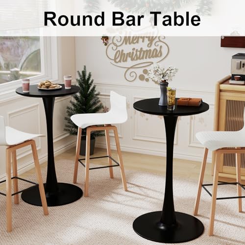 Modern Tulip Round Bar Table, 41” Height Bistro Pub Table, Height Cocktail Bar Table with Metal Base and MDF Top for Kitchen, Dining Room, Home Bar, Café, Small Spaces, Black