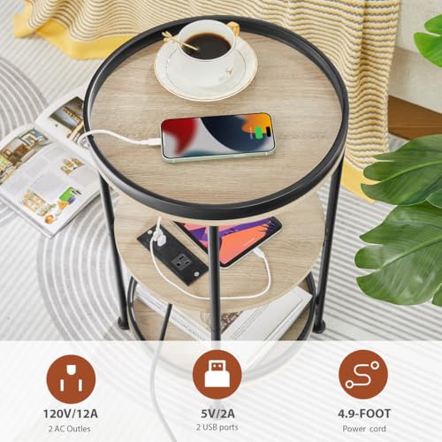 Dulcii Round Side Table with Charging Station, End Table with 3 Shelves for Living Room, Bedroom Nightstand for Small Spaces, Industrial Round Sofa Table with Steel Frame (USB+Oak) - color: Oak, style: With Outlets
