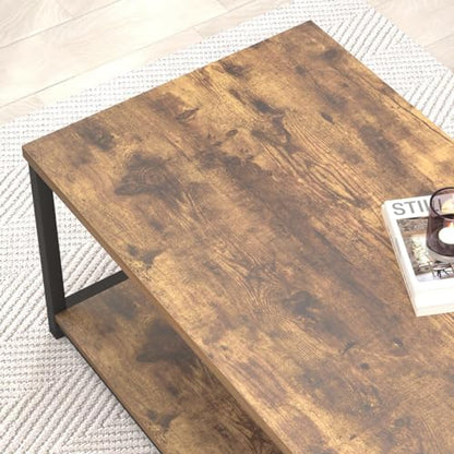 EXCEFUR Modern Coffee Table, Industrial Metal and Wood Living Room Table with Storage Shelf, Rustic Brown - color: Rustic Brown, size: 39 inch