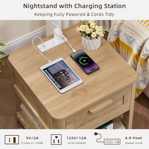 Joaxswe Farmhouse Side Tables Living Room, Small Nightstand with 1 Drawers & Open Shelving & 4 Thickened Table Legs, Natural Wood - color: Natural, size: Single