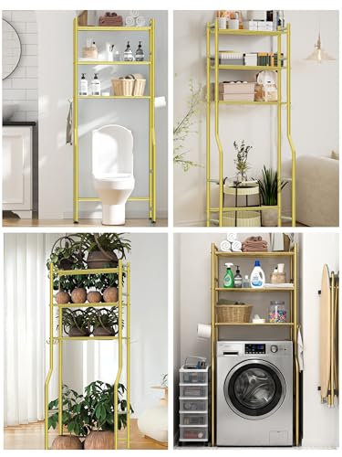 3-Tier Over The Toilet Storage, Freestanding Metal Bathroom Organizer with 4 Hooks & Anti-Tilt Kits, Heavy Duty Space Saver Shelf for Bathroom/Kitchen/Living Room, Gold