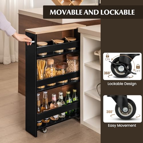 LOKO Slim Storage Cart, 4-Tier Rolling Cart with Handle & Wooden Top for Kitchen Bathroom Laundry Living Room Narrow Small Spaces, 5 Inches Width (Black & Natural) - color: Black & Natural