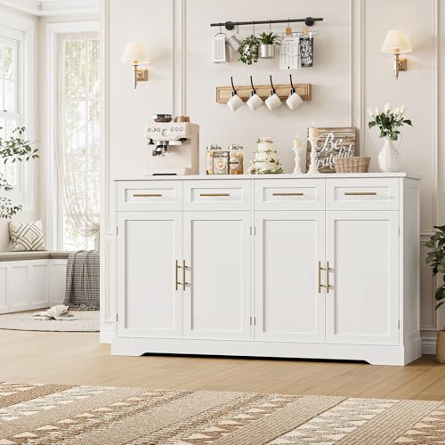 HOSTACK 60" W Sideboard Buffet Cabinet with Storage, Kitchen Cabinet, White | 36" Tall Kitchen Buffet Storage Cabinet with 4 Drawers, Large Coffee Bar Cabinet, Modern Buffet Table for Dining Living Room - color: White