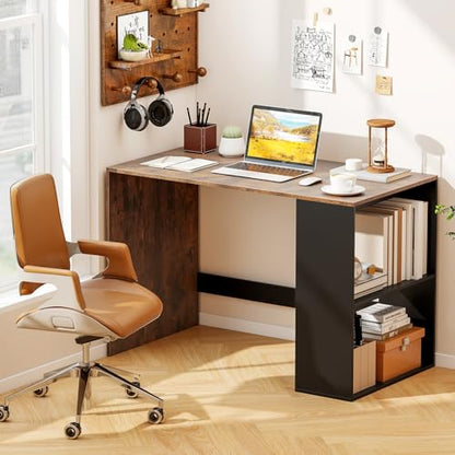 Giantex Small Desk with Bookshelf, 44 Inch Modern Computer Desk for Small Spaces, Laptop PC Desk, Vanity Table for Bedroom, Study Writing Desk for Home Office (Black+Rustic Brown) - color: Black+rustic Brown