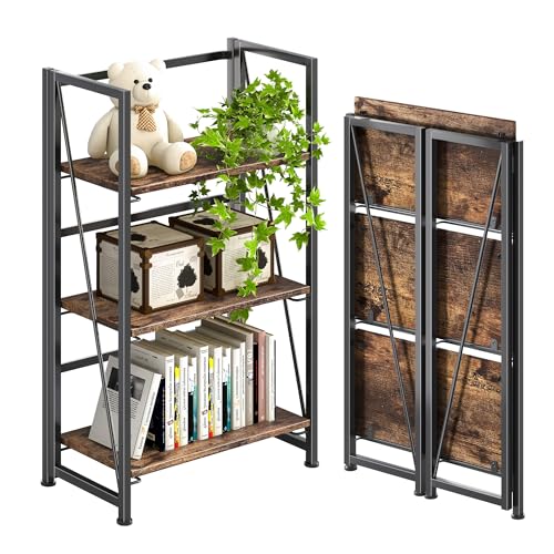 4NM No Assembly Folding Bookshelf Storage Shelves 3 Tiers Vintage Bookcase Standing Racks Study Organizer Home Office (Rustic Brown Black) - color: Rustic Brown Black, size: Standard 3 Tiers