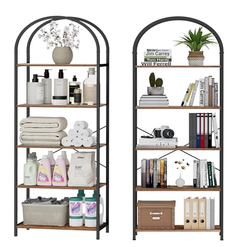 Homhedy 5-Tier Arched Bookshelf, Display Racks, Tall Book Shelf, 62.2" H | Wood and Metal Bookcase, Industrial Display Standing Shelf Unit, for Home, Office, Living Room, Bedroom, Rustic Brown - size: 5 Tier -23.6"W