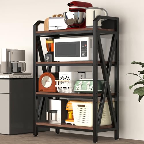 4-Tier Bakers Rack, 56" Kitchen Storage Shelf, Metal & Wood Open Shelving Unit for Pantry, Garage, Bathroom, Living Room - Adjustable Freestanding Organizer, Black Brown