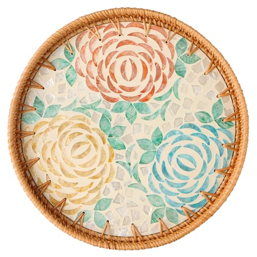 Round Rattan Tray with Mother of Pearl Inlay, Wooden Base | Coffee Table Serving Tray, Home Decorative Wicker Woven, for Outoor Patio Decor - color: Peony