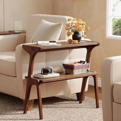 Solid Wood End Table, 2-Tier Side Table with Storage Shelf, Wooden Modern Accent Slim Bedside Table for Sofa, Living Room, Bedroom, Small Space, Easy Assembly, Rustic Brown - color: Rustic Brown