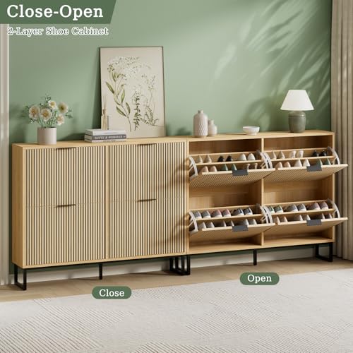Shoe Cabinet Storage with 4 Flip Drawers, Narrow Hidden Shoe Organizer Cabinet for Entryway, Modern Freestanding Slim Shoe Rack Organizer Shoe Cupboard for Hallway, Natural Wood - size: 4 Flip Drawers