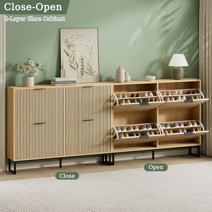 Shoe Cabinet Storage with 4 Flip Drawers, Narrow Hidden Shoe Organizer Cabinet for Entryway, Modern Freestanding Slim Shoe Rack Organizer Shoe Cupboard for Hallway, Natural Wood - size: 4 Flip Drawers