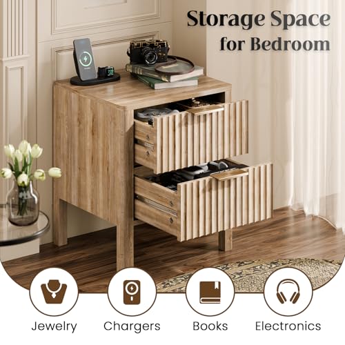 MODNEST 18" Fluted Nightstands Set of 2, Bed Side Tables Oak | Mid Century Modern Night Stand with Drawers for Bedroom Wood Nightstand Small End Table Bedroom Set - color: Oak, size: 15.7"D x 17.7"W x 20.7"H (2 Drawers)
