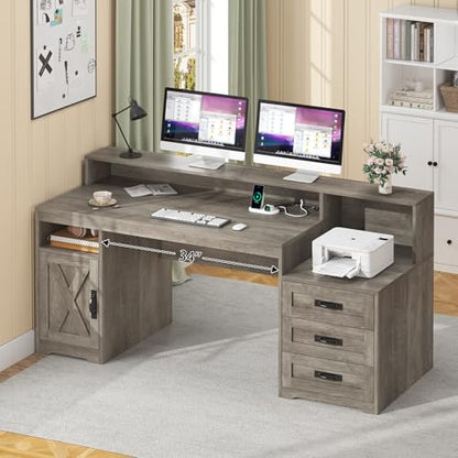 TVU Farmhouse Computer Desk with Drawers, 65'' Home Office Desk with Power Outlets, Storage Cabinet and Printer Stand, Study Writing Desks with Long Monitor Stand, Grey - color: Grey