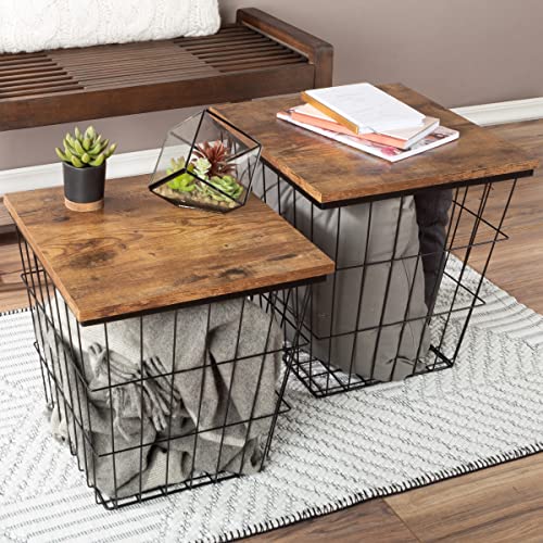 Lavish Home End Tables - Square Nesting Tables Set of 2, Brown Woodgrain | 15.75”/14.5” Side Tables with Removable Wood Tops & Metal Basket Bases for Blanket Storage, Living Room, Bedroom, Home Office - color: Brown Square 2
