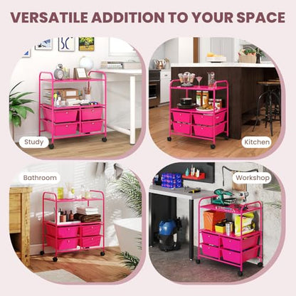 RELAX4LIFE Rolling Storage Cart with 4 Drawers - Utility Cart on Wheels w/2 Shelves & Metal Frame, Paper Scrapbook File Organizer for Home Office School Classroom, Movable Art Craft Cart (Pink) - color: Pink