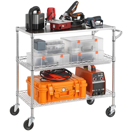 Finnhomy 3 Tier Heavy Duty Commercial Grade Utility Cart with Wood Top, Wire Rolling Cart with Wheels and Handle Bar, Kitchen Carts on Wheels, 18x36x35.4 H Metal Cart with 600 LBS Capacity, Chrome - style: 36“L Chrome