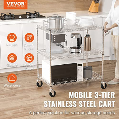 VEVOR Kitchen Utility Cart, 3 Tiers, Wire Rolling Table with 661 LBS Capacity, Steel Service Desk on Wheels, Metal Storage Trolley with 80 mm Deep Basket Curved Handle 6 Hooks - size: 18"D x 30"W x 32.4"H